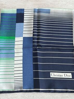 Dior Navy Blue, Light Blue & Green Striped Silk Scarf